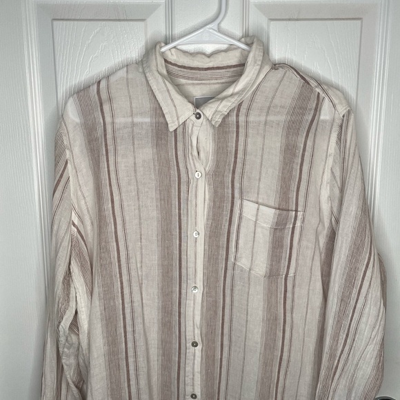 Rails Charli Reims Stripe Linen Blend Button Up Top Coastal in Brown/Cream XL - Picture 5 of 16